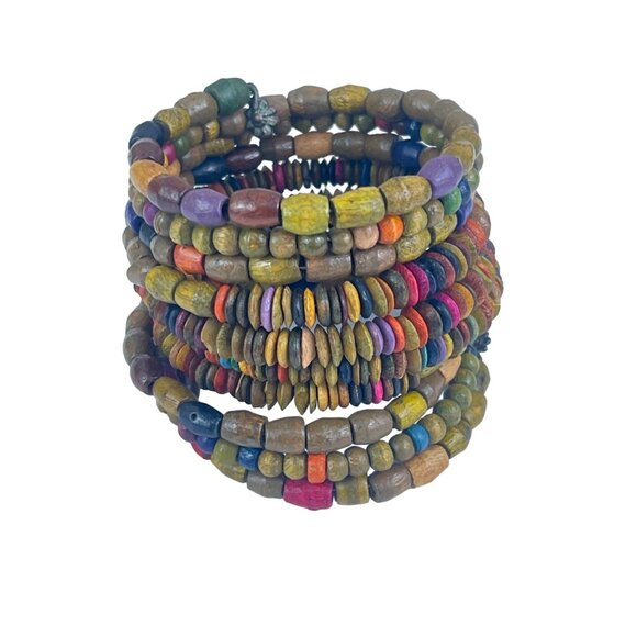 Colorful Wooden Beaded Coil Bracelet with Flower Charms - Picture 1 of 8